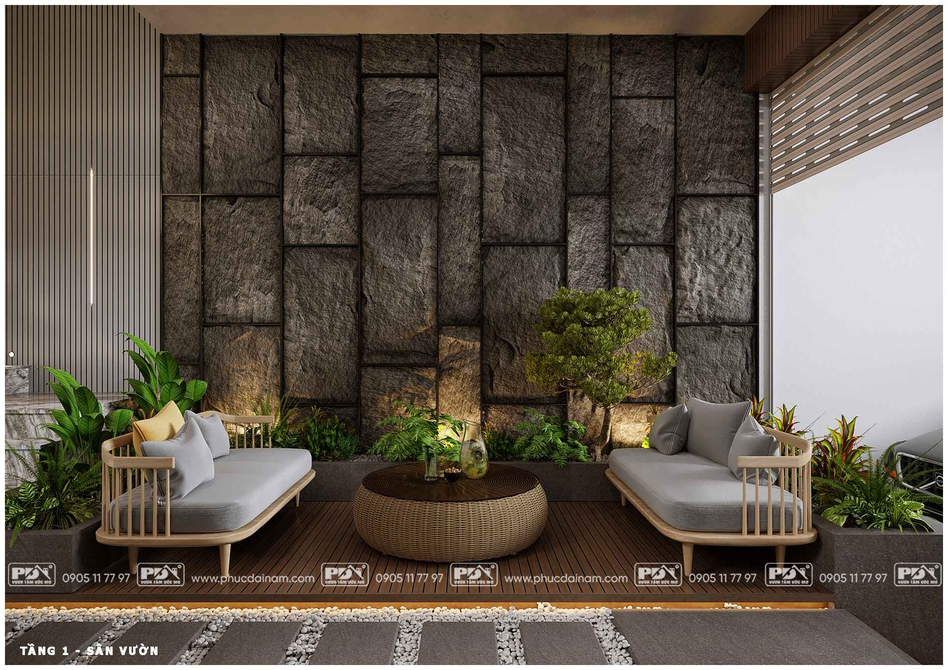 Thiết kế tiểu cảnh sân vườn mẫu biệt thự 3 tầng.