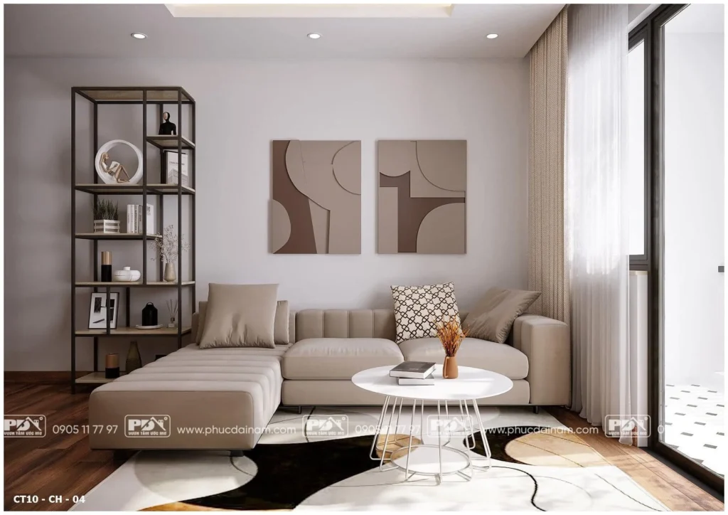 Phòng khách tối giản của nội thất căn hộ 2 phòng ngủ