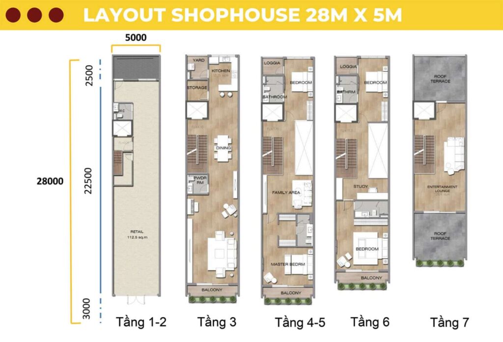 Layout Shophouse 28mx5m tại Sun Cosmo Residence.