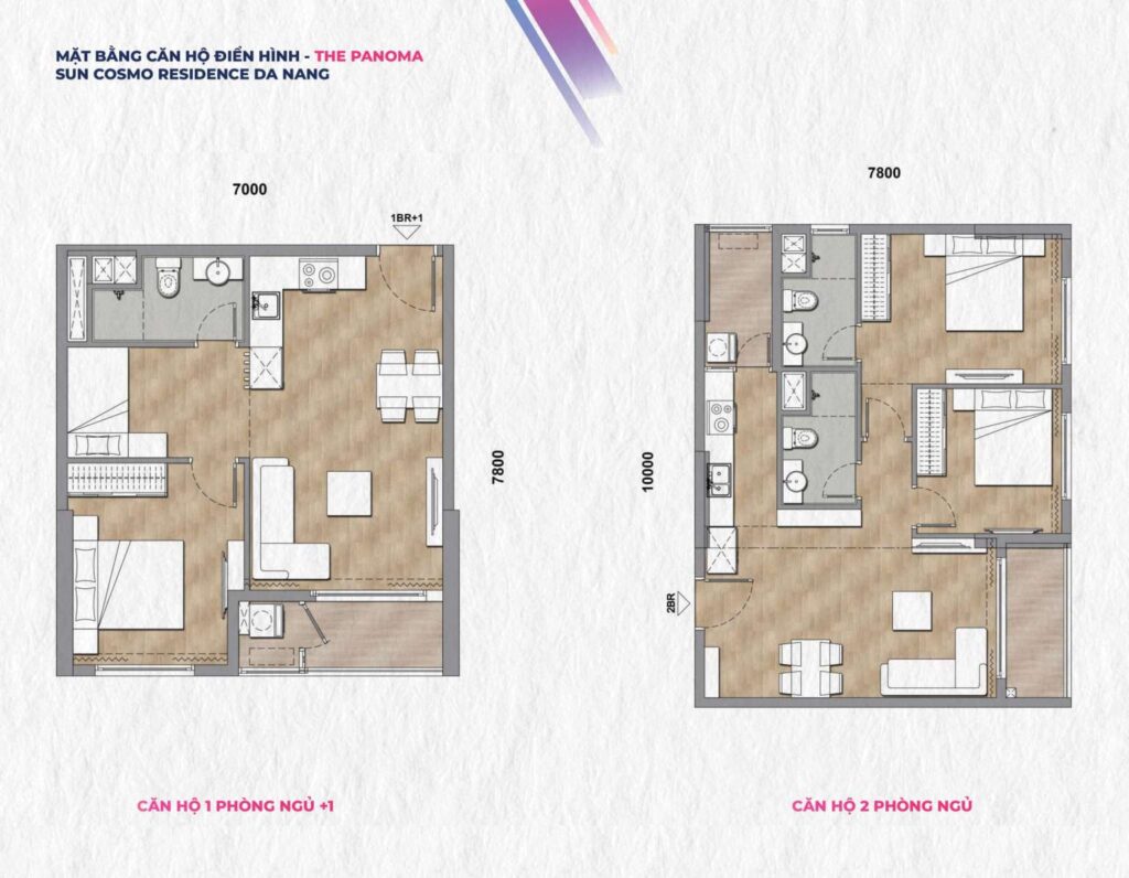 Layout căn hộ 1PN+1 và 2PN Tháp P1 phân khu The Panoma Sun Cosmo Residence.