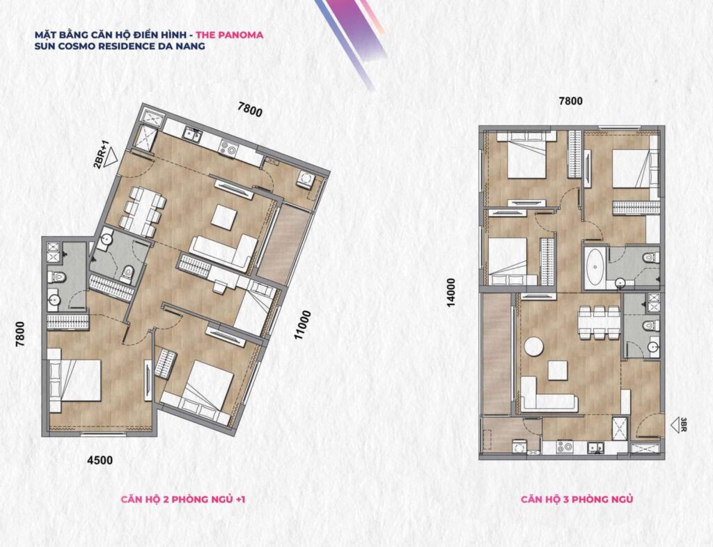 Layout căn hộ 2PN+1 và 3PN Tháp P1 phân khu The Panoma Sun Cosmo Residence.