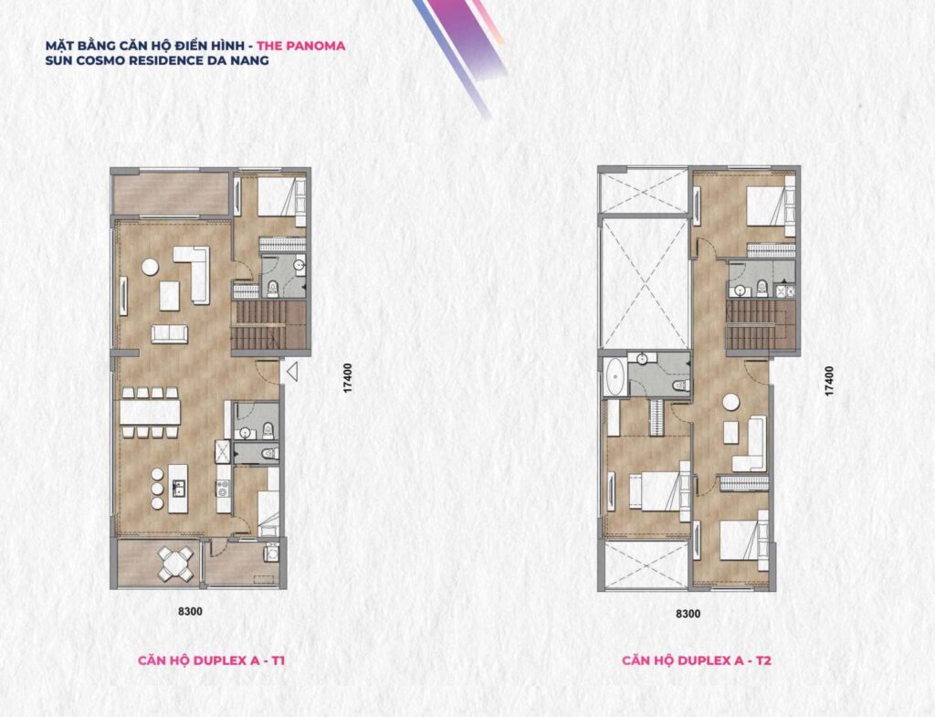 Layout căn hộ Duplex A-T1 và Duplex A-T2 Tháp P1 phân khu The Panoma Sun Cosmo Residence.