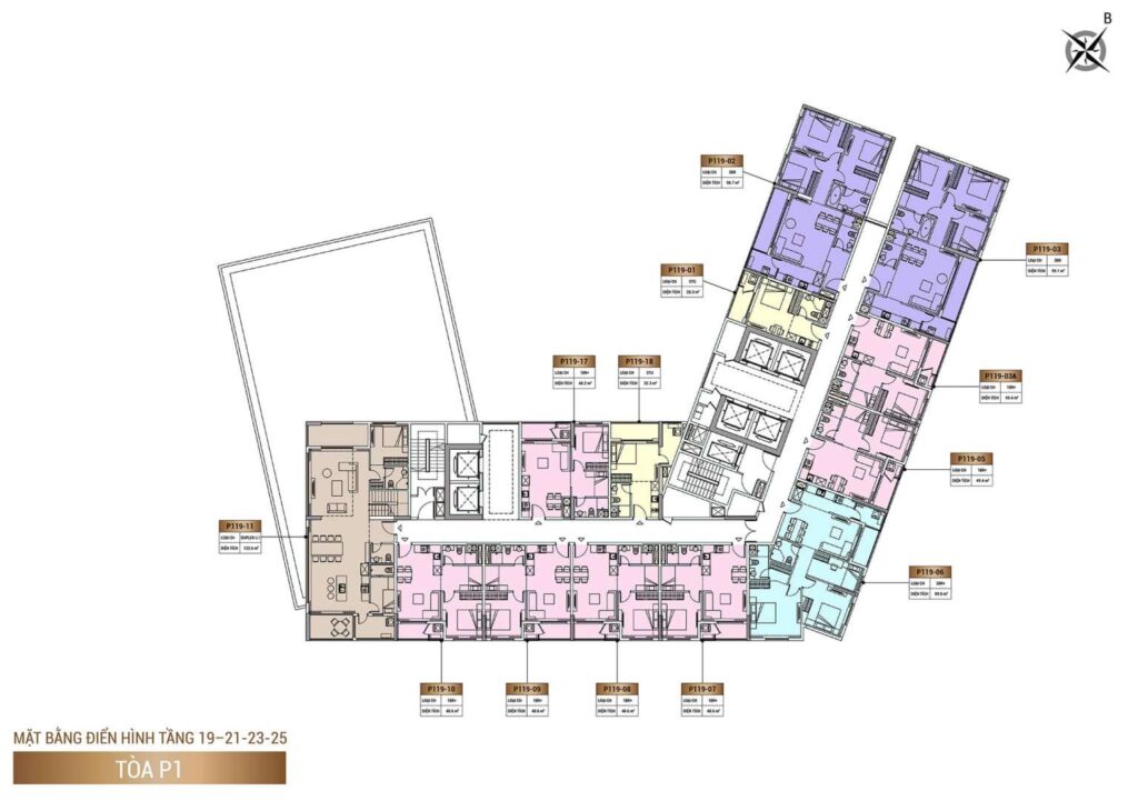 Mặt bằng Tầng 19, Tầng 21, Tầng 23, Tầng 25, Tòa P1, phân khu The Panoma dự án Sun Cosmo Residence.