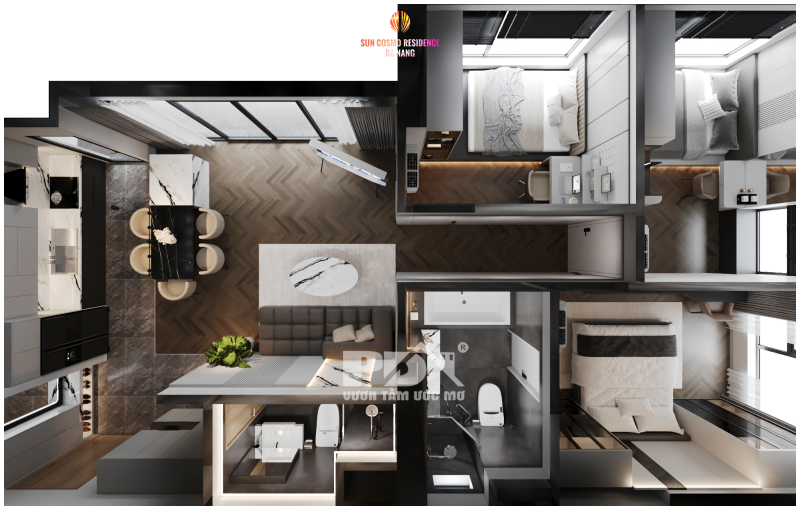 Mặt bằng bố trí công năng trong mẫu thiết kế căn hộ 3 PN Sun Cosmo Đà Nẵng