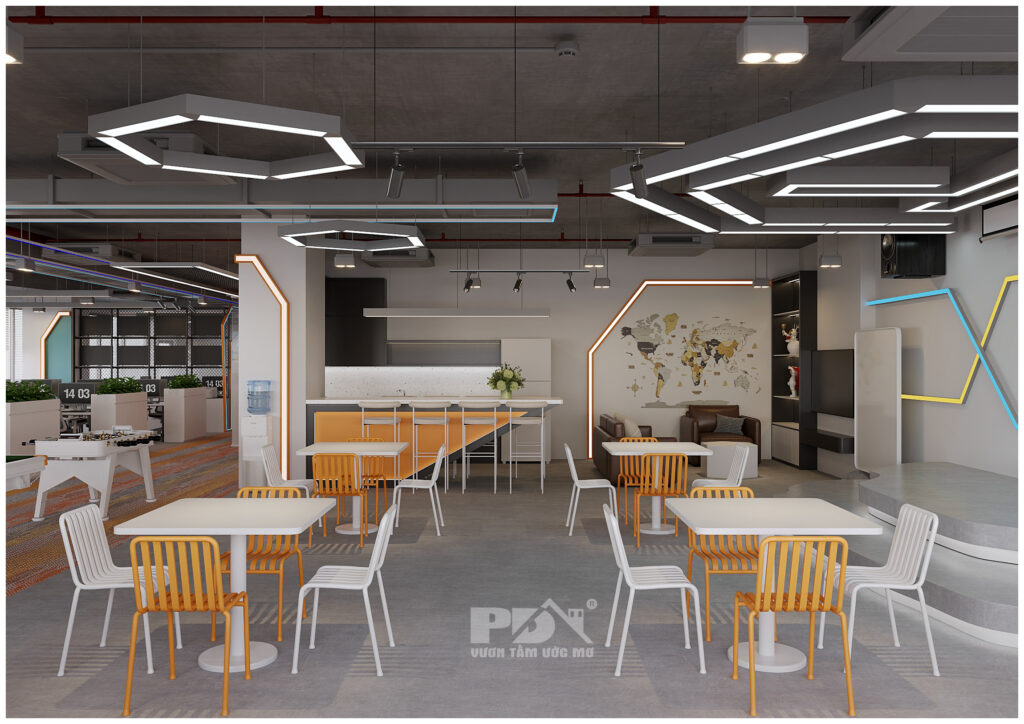 Không gian pantry kết hợp khu vui chơi – sự sáng tạo trong thiết kế văn phòng hiện đại.