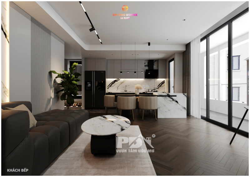 Khu vực phòng bếp khi nhìn từ phòng khách
