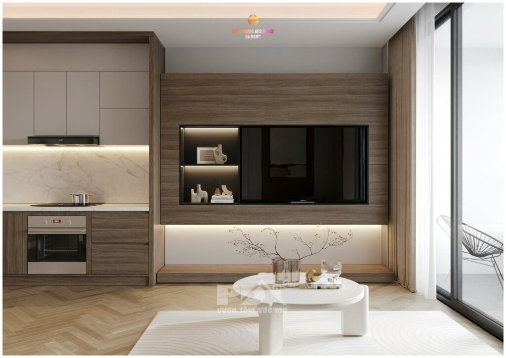 Không gian phòng khách trong mẫu thiết kế nội thất căn hộ 1 PN Sun Cosmo Đà Nẵng