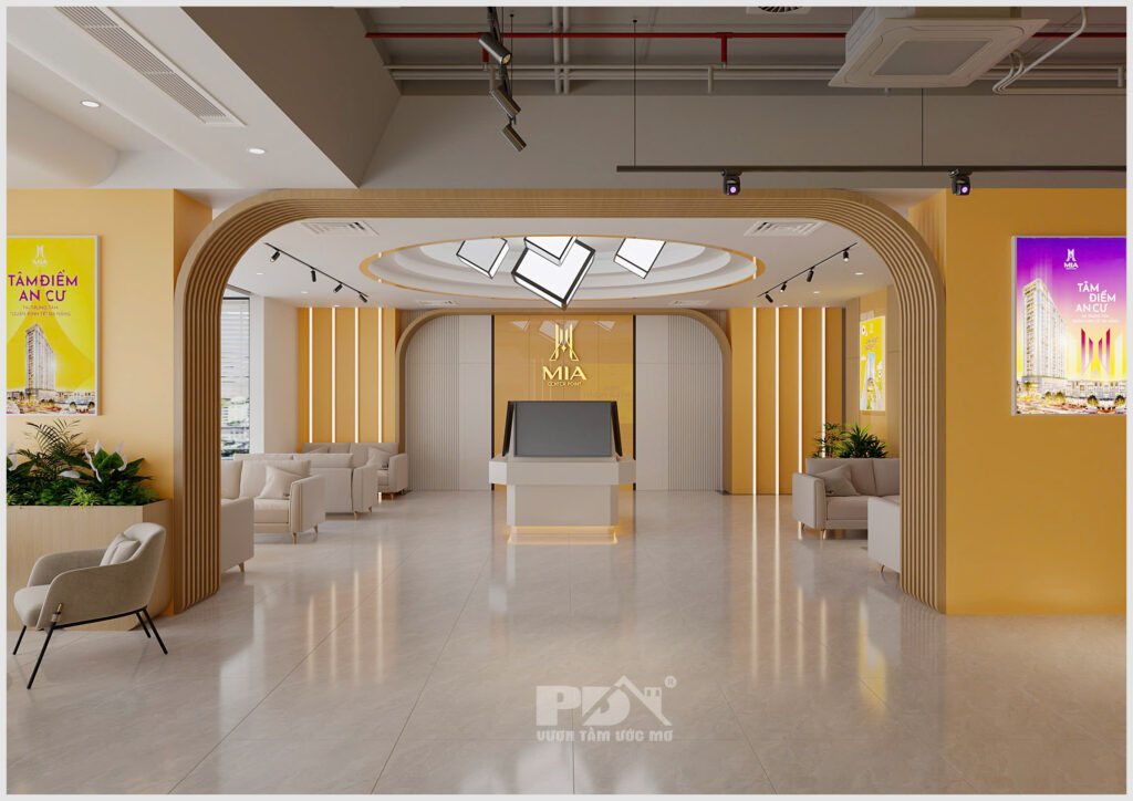 Thiết kế ánh sáng tạo chiều sâu và sự cao cấp cho văn phòng bất động sản.
