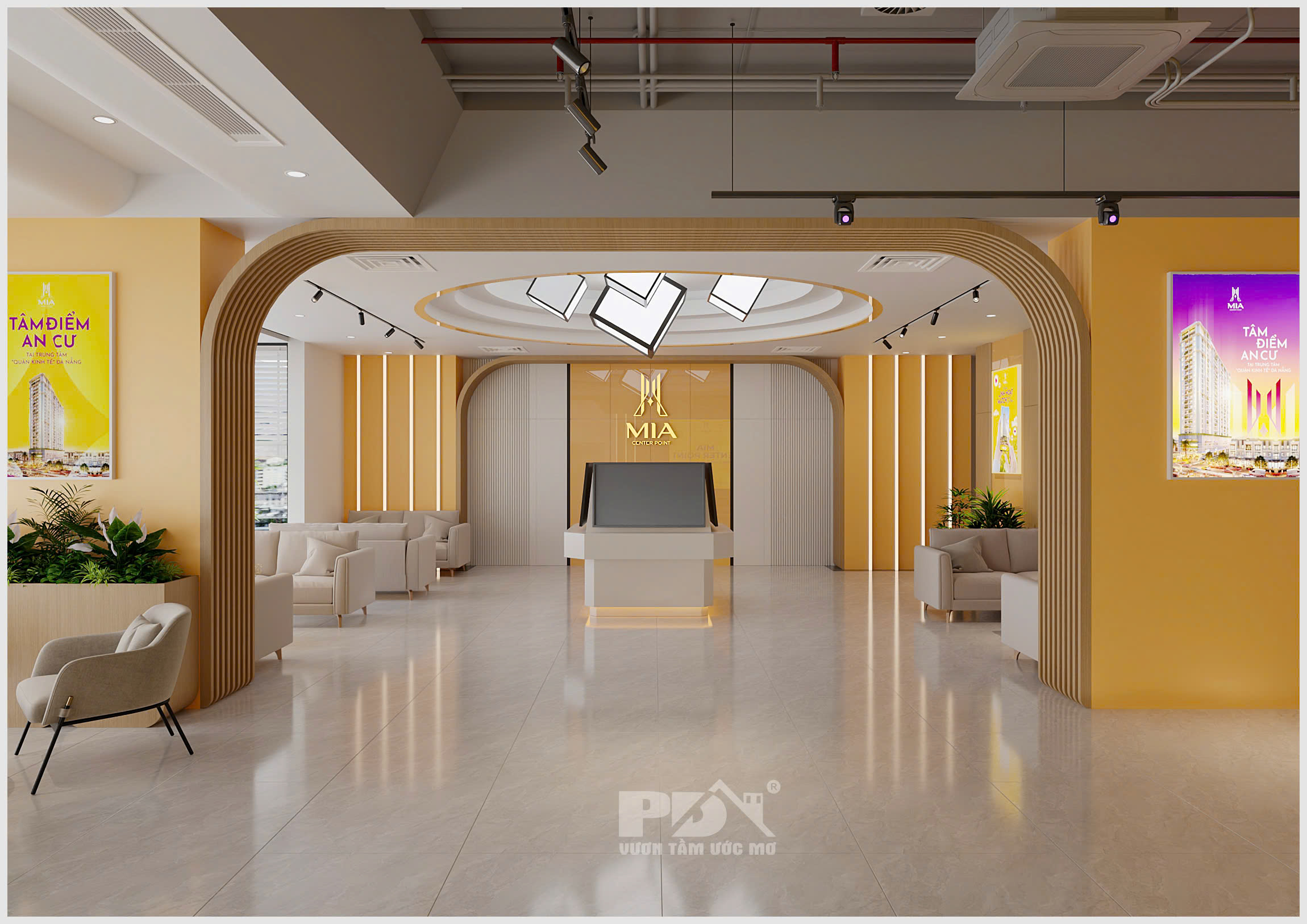Thiết kế ánh sáng tạo chiều sâu và sự cao cấp cho văn phòng bất động sản.