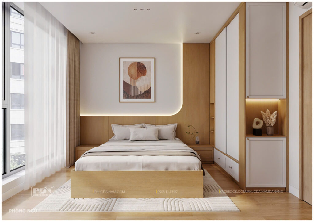 Phòng ngủ trong thiết kế nội thất Sun Ponte 1PN được bố trí khéo léo sao cho hài hòa với tông màu chủ đạo của không gian