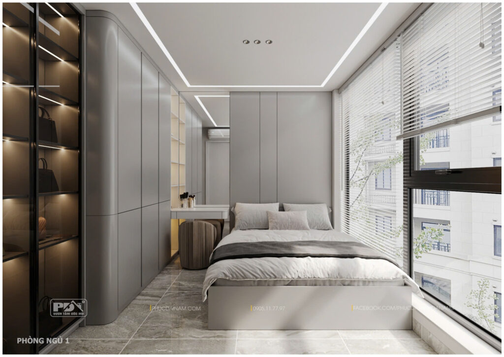 Phòng ngủ vẫn sử dụng gam màu chủ đạo của cả căn hộ Sun Cosmo Đà Nẵng để tạo sự đồng nhất cho không gian