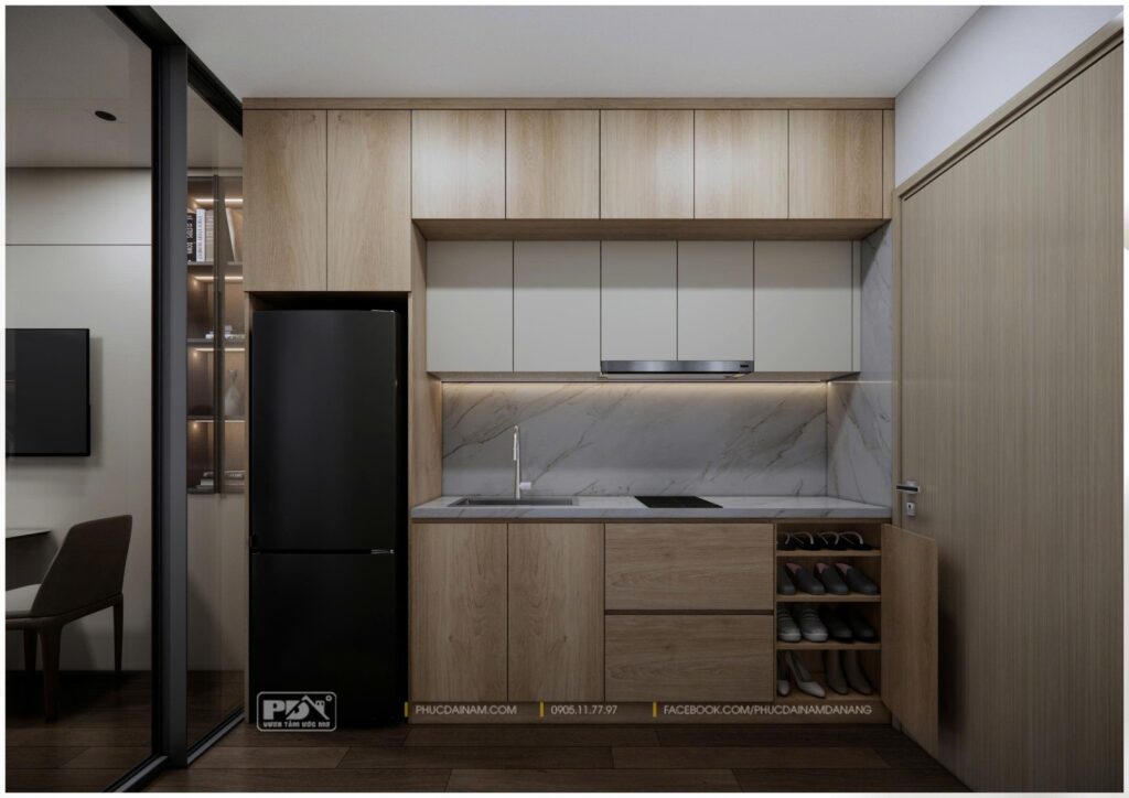 Khu vực bếp trong thiết kế nội thất căn hộ studio được tối ưu từng mét vuông