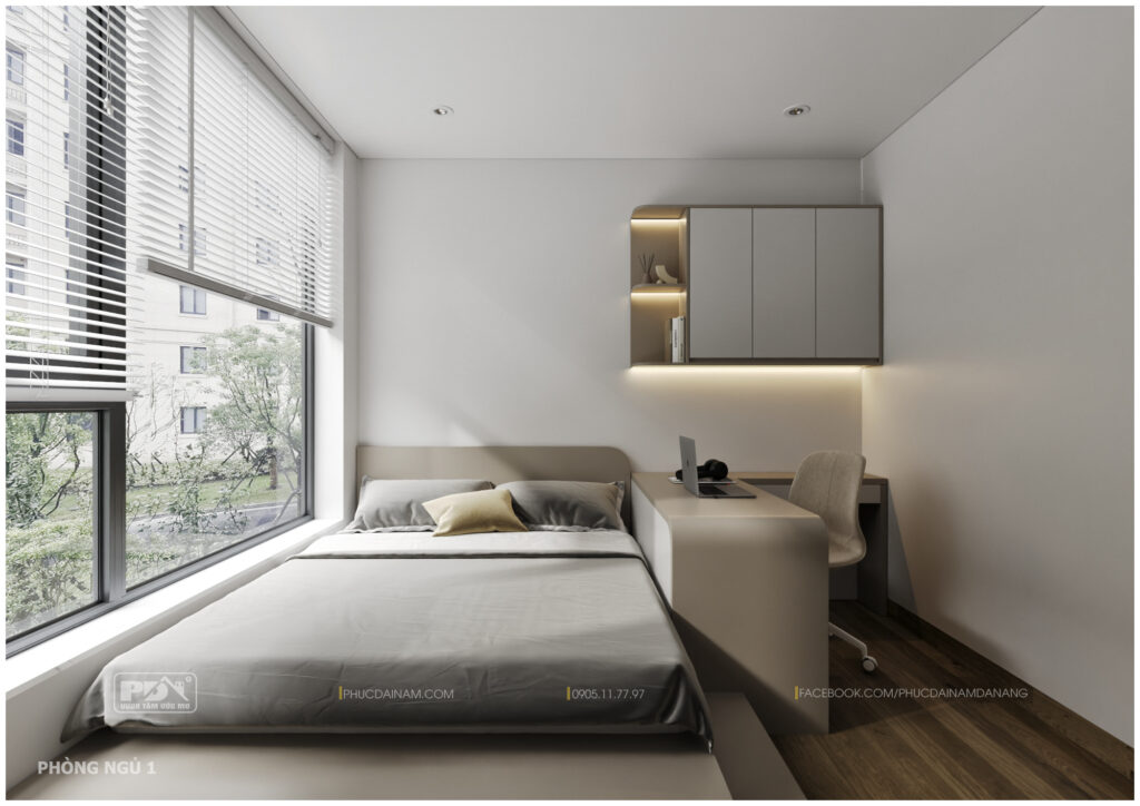 Phòng ngủ phụ vẫn giữ phong cách tối giản nhưng đầy đủ tiện nghi