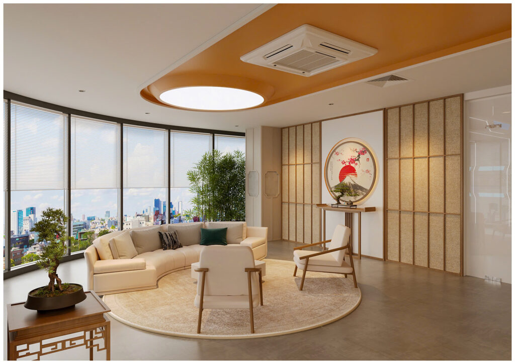Ánh sáng vàng được sử dụng để làm điểm nhấn cho không gian