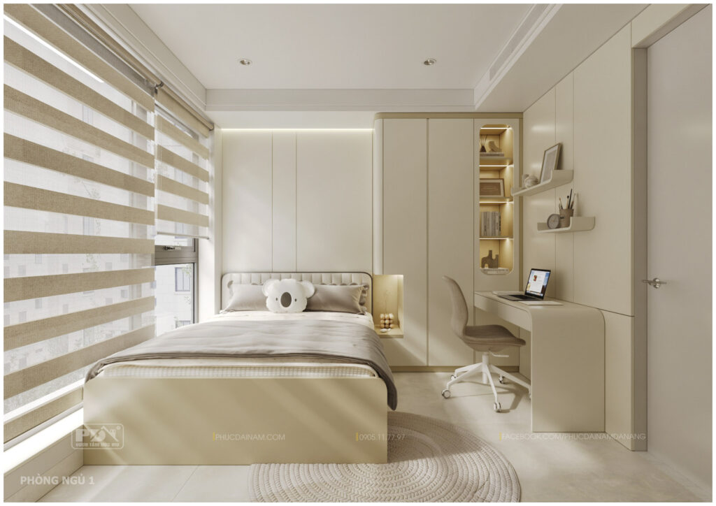 Khu vực phòng ngủ 1 trong mẫu thiết kế căn hộ Sun Ponte 2PN mà Phúc Đại Nam muốn giới thiệu cho gia chủ