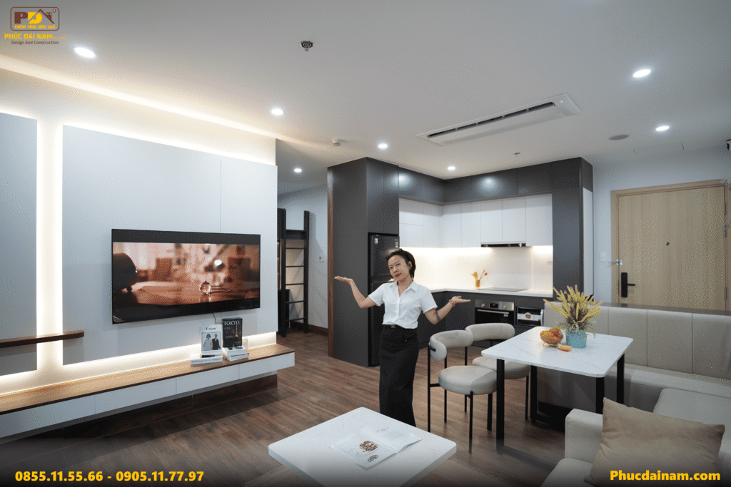 Hình ảnh hoàn thiện nội thất căn hộ Sun Cosmo - Căn hộ 1Br+ tone đen chủ đạo do Phúc Đại Nam thiết kế và thi công trọn gói