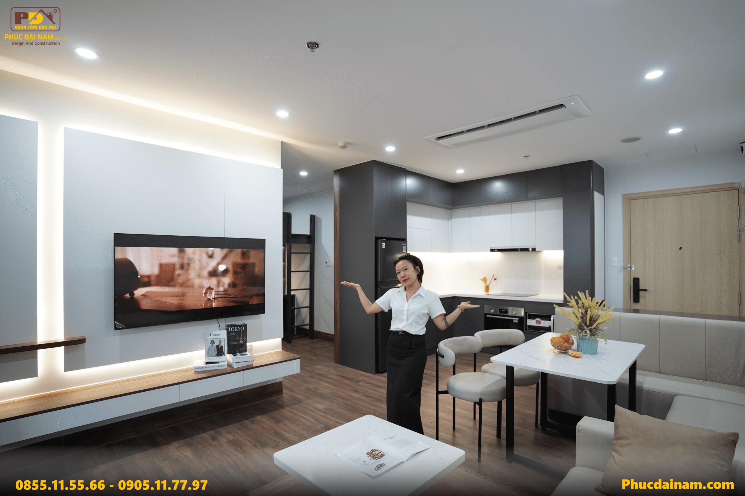 Hình ảnh hoàn thiện nội thất căn hộ Sun Cosmo - Căn hộ 1Br+ tone đen chủ đạo do Phúc Đại Nam thiết kế và thi công trọn gói