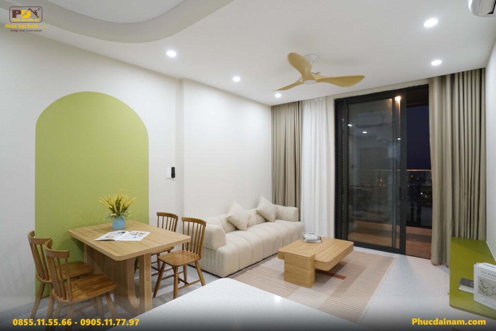 Không gian sử dụng bảng màu trắng – xanh olive chủ đạo