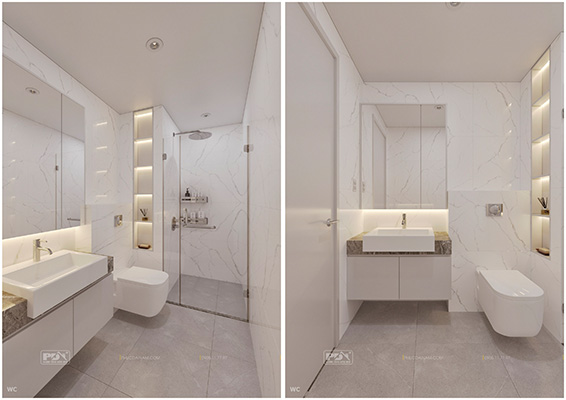 Khu vực WC được hoàn thiện với vật liệu đá sáng màu
