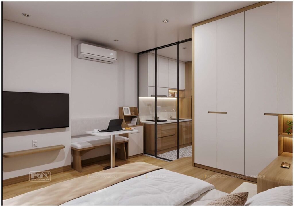 Phúc Đại Nam bố trí thêm kính cường lực lớn để ngăn cách giữa không gian bếp và ngủ, vừa tạo ra sự riêng tư vừa hạn chế ám mùi
