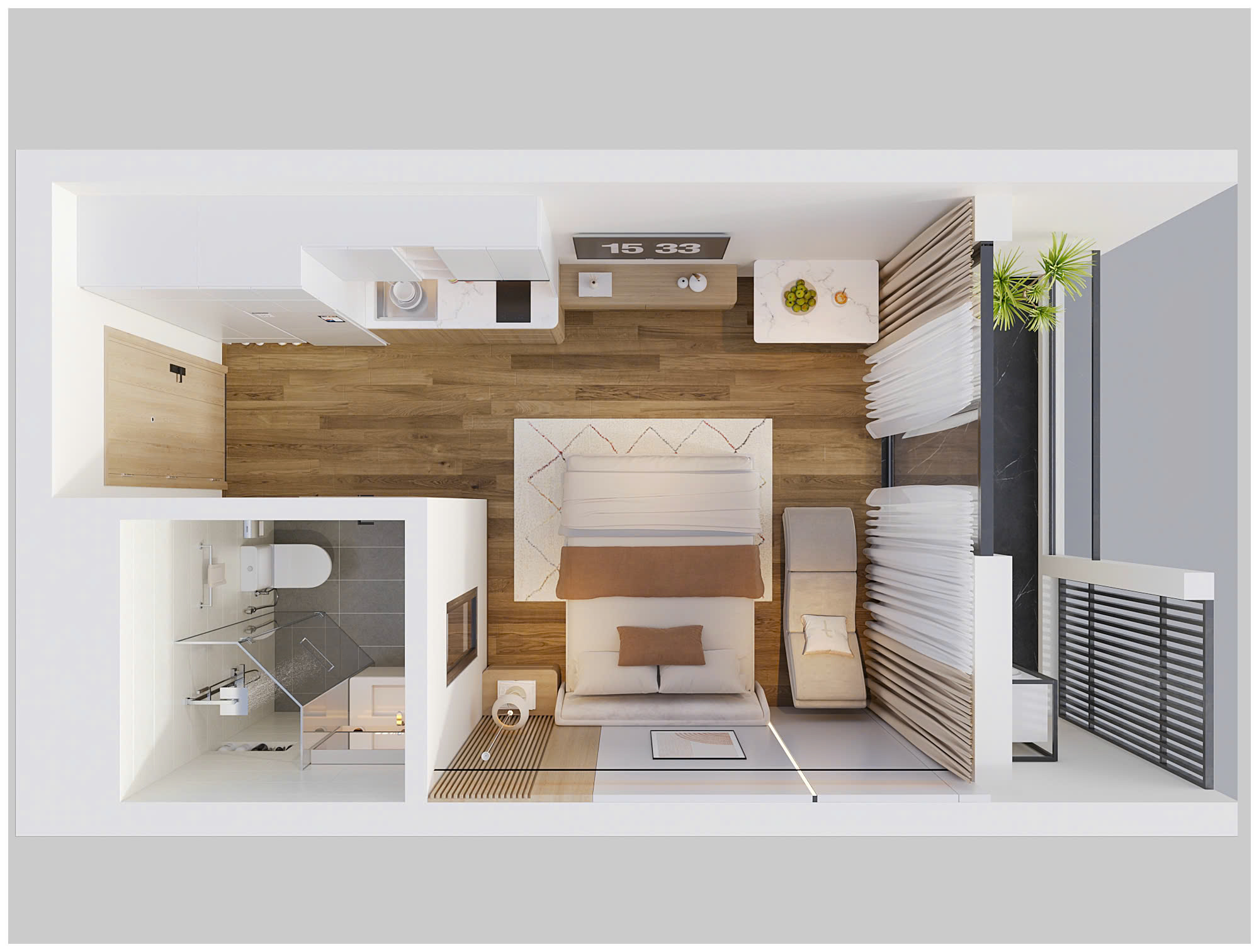 Mặt bằng công năng của mẫu thiết kế căn hộ studio Sun Ponte