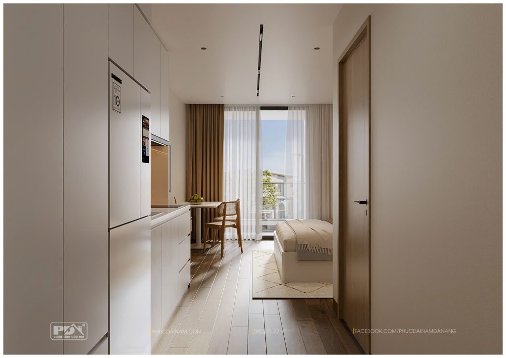 Khi thiết kế nội thất Sun Ponte căn studio, Phúc Đại Nam thường chọn gam màu trung tính