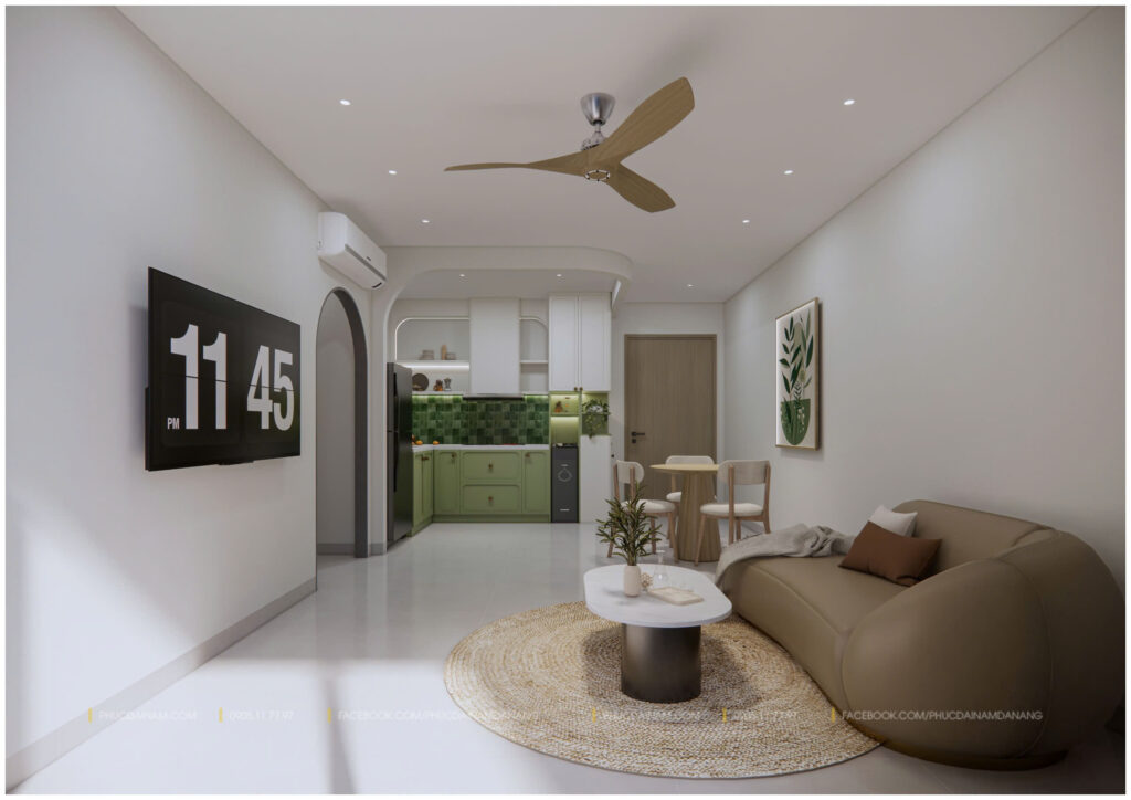 Kết hợp gam màu trắng - xanh còn giúp căn hộ giữ được độ bền thẩm mỹ, hạn chế cảm giác lỗi mốt