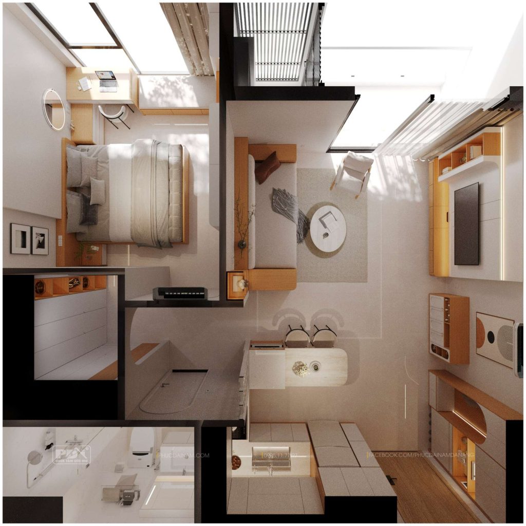 Mặt bằng bố trí công năng nội thất căn hộ 1BR+ Sun Ponte