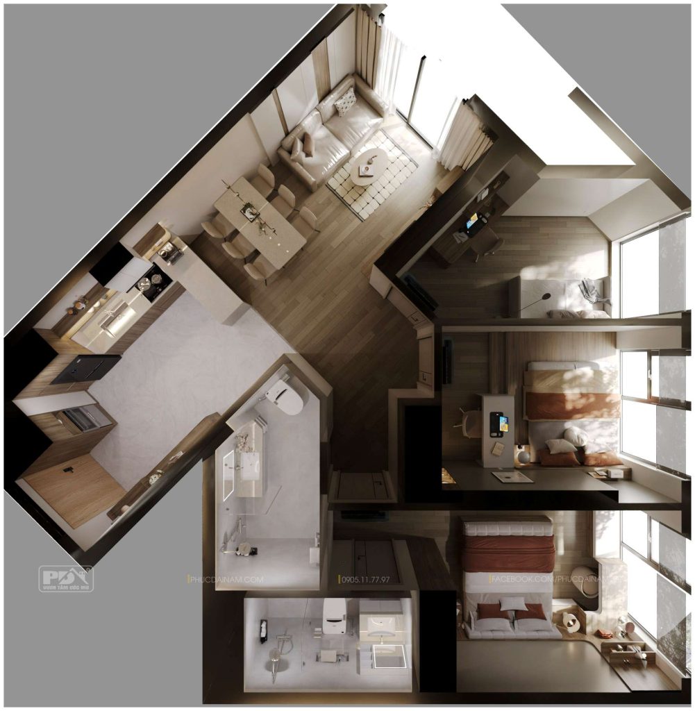Căn hộ view góc 2BR+ được Phúc Đại Nam thiết kế theo phong cách hiện đại và tối giản